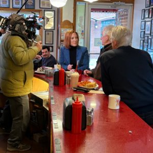 Margaret T. Menefee interviews Jen Psaki at Red Arrow Diner Manchester ahead of the NH First in the Nation Primary.