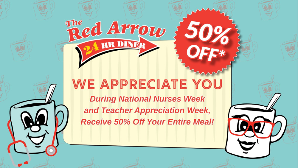 Fun appreciation ideas for nurses and teachers in New Hampshire in honor of National Nurses Week and Teacher Appreciation Week. Nurses and Teachers receive 50% off their meal at Red Arrow Diner with valid credentials May 5 to May 11, 2025. Red Arrow Diner shows appreciation for nurses and teachers during National Nurses Week and Teacher Appreciation Week with 50% off promotion 2025.