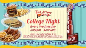 College student discount in Manchester NH at Red Arrow Diner 24/7 restaurant in New Hampshire.