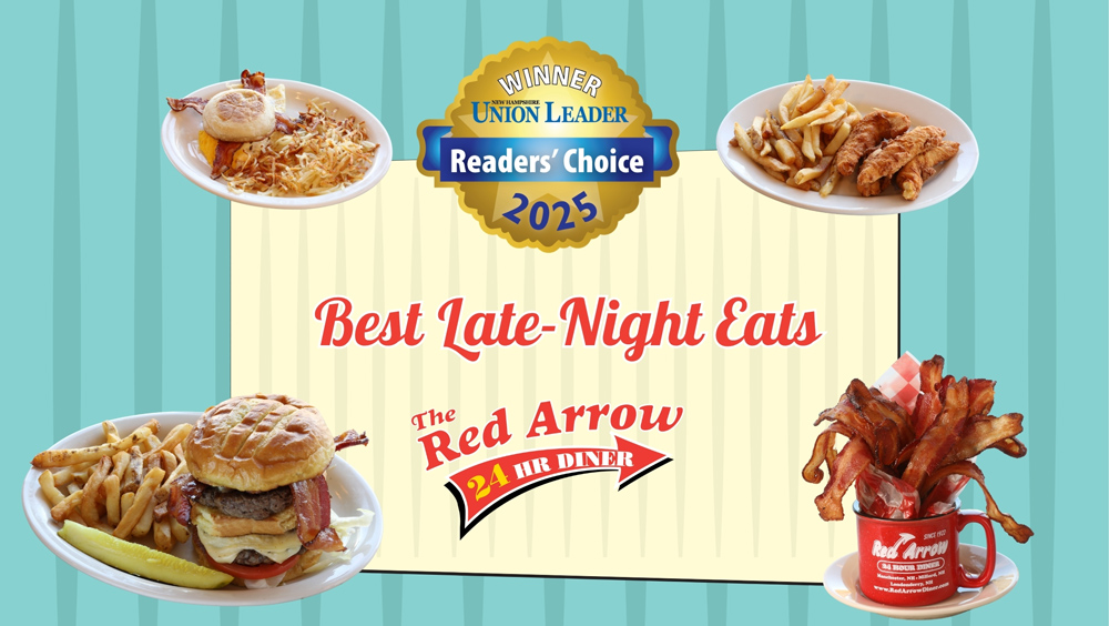 24/7 restaurant in NH Red Arrow Diner is a Union Leader Readers' Choice 2025 winner for best late-night eats Red Arrow Diner is open 24 hours in Concord, Londonderry, Manchester, and Nashua, offering the best late-night eats.