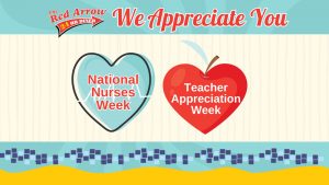 Red Arrow Diner celebrates Nurse Appreciation and Teacher Appreciation week with a special promotion. 50% deal for nurses and teachers at Red Arrow Diner.