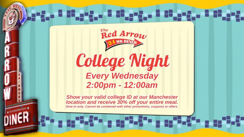 College student discount in Manchester NH at Red Arrow Diner 24/7 restaurant in New Hampshire.